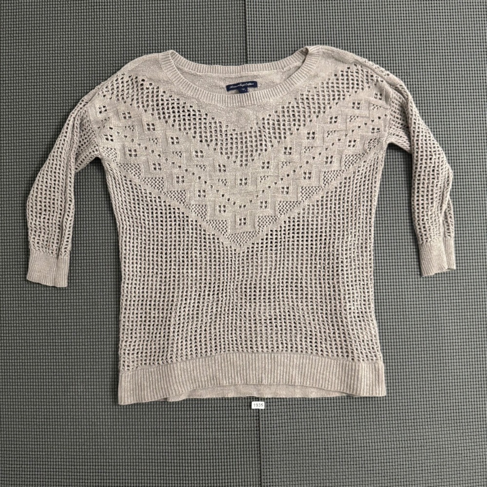 American Eagle Outfitters Open Knit Pointelle Chevron Sweater Taupe Tan Small